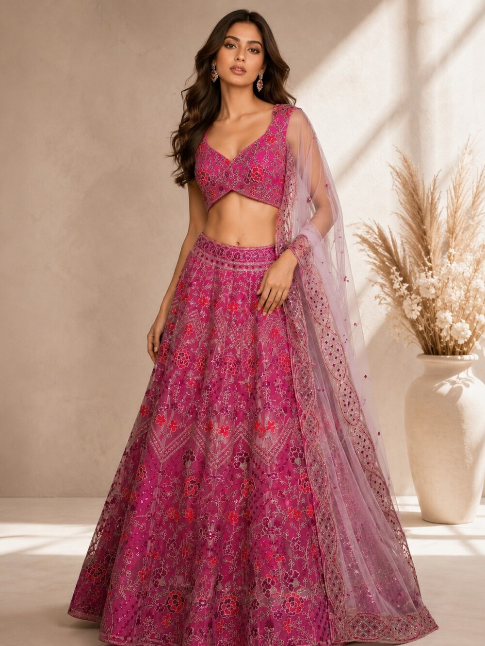 Rose Pink Net Sequins embroidered Flared Style Lehenga Choli - Size 6